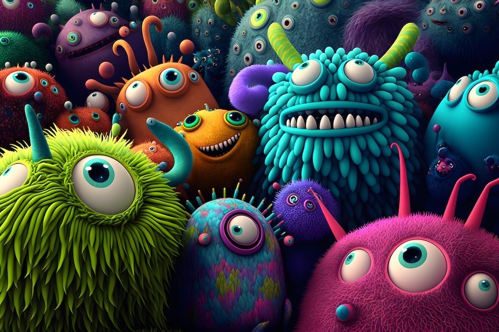 surreal colorful fluffy creatures monsters many toothy and bigeyed colored creatures creepy bacteria microbes illustration